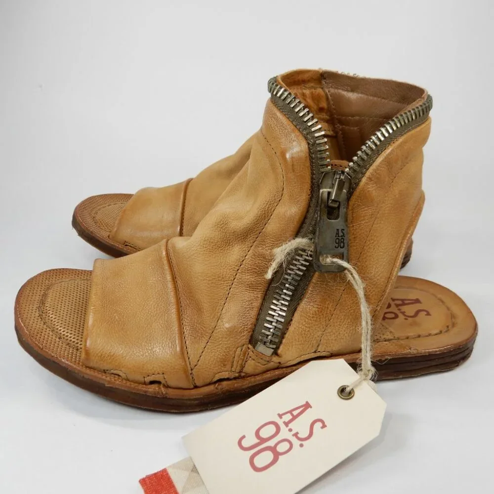 A.S.98 Ritchie Flat Sandals Peep Toe Bootie EU 36 5.5 6 Camel Leather Zipper NEW - Picture 2 of 12